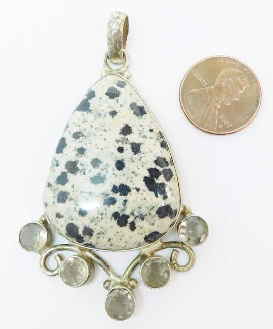 Artisan 925 Dalmatian Jasper Teardrop Cabochon & Smoky Glass Scrolled Pendant 19.4g image number 8