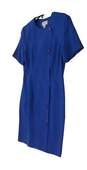 Womens Blue Round Neck Short Sleeve Button Front Sheath Dress Size 8P image number 3