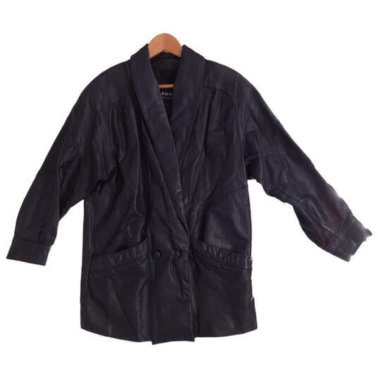Women's Black Front Pocket Button Closer V Neck Leather Jacket Size Medium image number 4