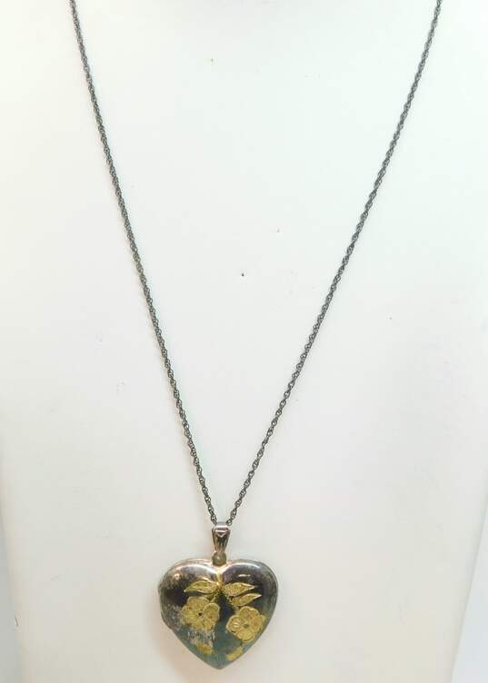 Romantic Oxidized 925 Sterling Silver Heart Locket & Prayer Box Pendant Necklaces 29.1g image number 4