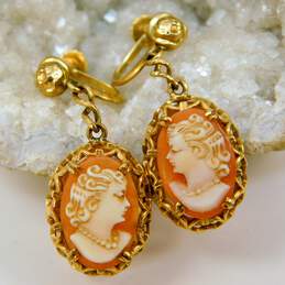Vintage 14K Yellow Gold Carved Shell Cameo Dangle Screw Back Earrings 4.8g