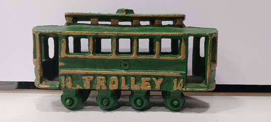 Vintage Green Cast Iron Trolley Toy image number 1