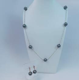 Romantic 925 Dark Grey Faux Pearls Station Beaded Figaro Chain Toggle Necklace & Matching Drop Earrings Set 62.5g