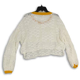 Womens White Yellow Crochet Long Sleeve Cropped Pullover Sweater Size M alternative image