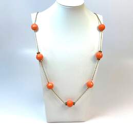 Designer J. Crew Gold-Tone Long Link Chain Stylish Orange Beaded Necklace
