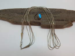 Artisan 925 Southwestern Liquid Silver Multi Strand Necklace & Turquoise Rope Split Shank Ring 26.7g
