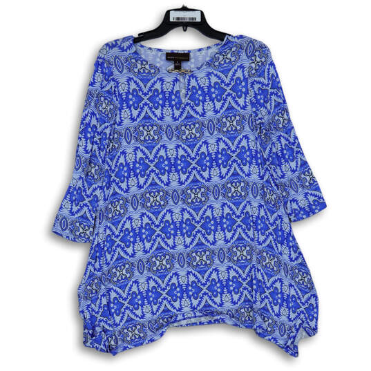 Womens Blue Geometric Front Keyhole 3/4 Sleeve Side Slit Tunic Top Size S image number 1
