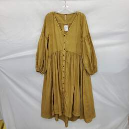 Free People Gold Cotton Long Sleeve Maxi Dress WM Size M NWT
