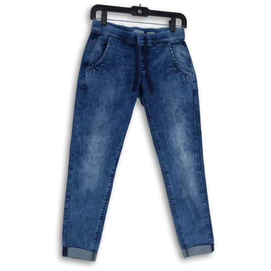Womens Blue Denim Drawstring Stretch Pockets Jogger Jegging Jeans Size W24 image number 1