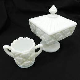 VTG Westmoreland Old Quilt Milk Glass Compote Footed Candy Dish & Sugar Bowl