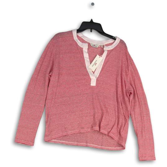NWT Womens Red White Stripe Split Neck Long Sleeve Pullover Blouse Top Size XL image number 1