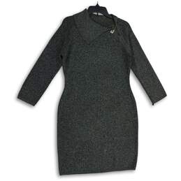 Womens Black Stretch Long Sleeve Collared Knee Length Sweater Dress Size L