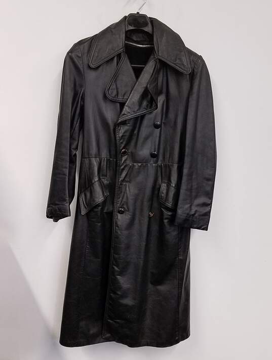 Unisex Adults Black Genuine Leather Long Sleeve Button Trench Coat Size 40 image number 2