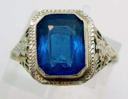 Antique 14k White Gold Filigree Emerald Cut Blue CZ Ring 2.9g