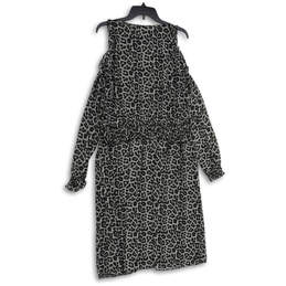 Womens Black White Leopard Print Tie Neck Smocked Waist A-Line Dress Sz XL alternative image