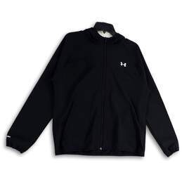 Mens Black Long Sleeve Hooded Pockets Full-Zip Athletic Jacket Size Large