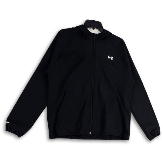 Mens Black Long Sleeve Hooded Pockets Full-Zip Athletic Jacket Size Large image number 1