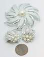 Vintage Crown Trifari & Sarah Coventry Silver Tone Faux Pearls & Rhinestones Brushed Leaves Clip On Earrings & Swirl Flower Brooch 40.3g image number 6