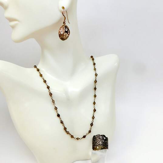 Rustic 925 Smoky Quartz Station Necklace Scroll Drop Earrings & Leaves Band Ring image number 1