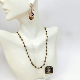 Rustic 925 Smoky Quartz Station Necklace Scroll Drop Earrings & Leaves Band Ring