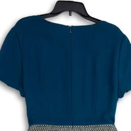 Womens Blue Gold Round Neck Short Sleeve Belted Sheath Dress Size 14