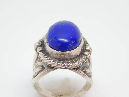 Southwestern Sterling Silver Oval Lapis Stamped Ring 9.3g image number 1