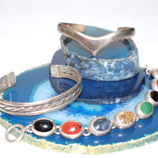 Bundle Of 3 Taxco Sterling Silver Cuff And Semi-Precious Stone Bracelet - 79.1g image number 1