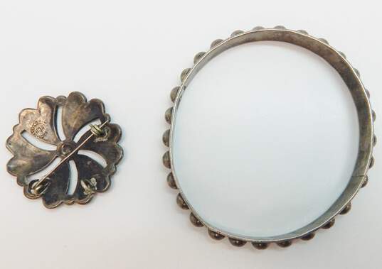 Taxco Mexico 925 Modernist Domes Bangle & Abalone & Enamel Flower Pendant Brooch image number 2