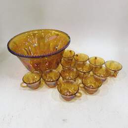 Vintage Indiana Glass Carnival Glass Punch Bowl With Mugs Cups