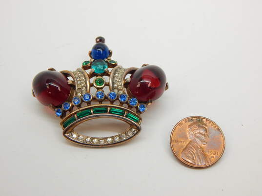 Vintage Alfred Philippe Crown Trifari Sterling 925 Vermeil Jewel Tone Glass Cabochons & Rhinestones Crown Brooch 23.7g image number 4