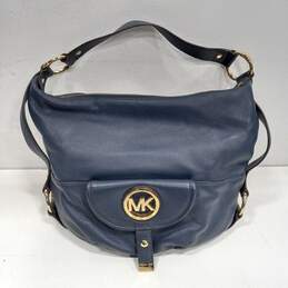 Michael Kors Fulton Blue Pebbled Leather Hobo Front Pocket Shoulder Bag Tote
