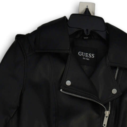 Womens Black Notch Lapel Asymmetrical Zip Long Sleeve Leather Jacket Size S image number 3