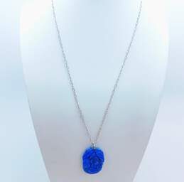 Artisan 925 Lapis Lazuli Carved Flower & Leaves Pendant Necklace Braided Herringbone Chain Bracelet & Wide Band Ring 27.4g alternative image