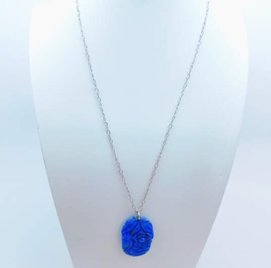 Artisan 925 Lapis Lazuli Carved Flower & Leaves Pendant Necklace Braided Herringbone Chain Bracelet & Wide Band Ring 27.4g image number 2