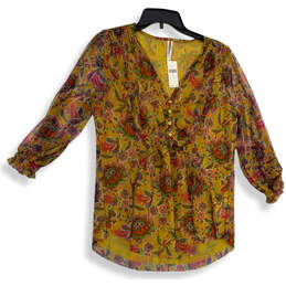 NWT Womens Yellow Red Floral Pleated V-Neck Tunic Blouse Top Size Medium