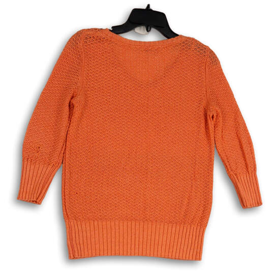Womens Orange 3/4 Sleeve Round Neck Knitted Pullover Sweater Size Medium image number 2