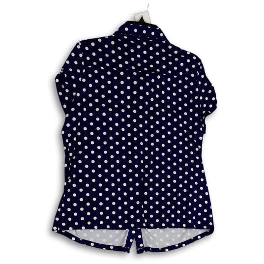 Buy the Womens Blue Polka Dot Collared Short Sleeve Snap Front Blouse ...