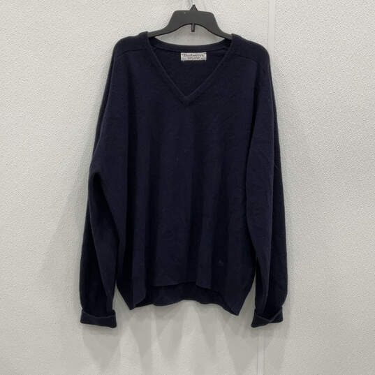 Mens Navy Blue Long Sleeve V-Neck Knitted Pullover Sweater Size 48 image number 1