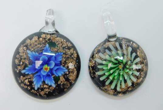 Artisan Blue Orange Green & Dichroic Glitter Art Glass Flower Pendants & Ribbon Necklaces Variety 107.6g image number 3