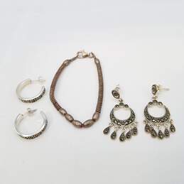Sterling Silver Marcasite Post Earrings 6in Stretch Bracelet 3 Pcs Jewelry Bundle 16.8g