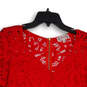Womens Red Lace V-Neck Long Sleeve Back Zip Scalloped Hem Blouse Top Size M image number 3