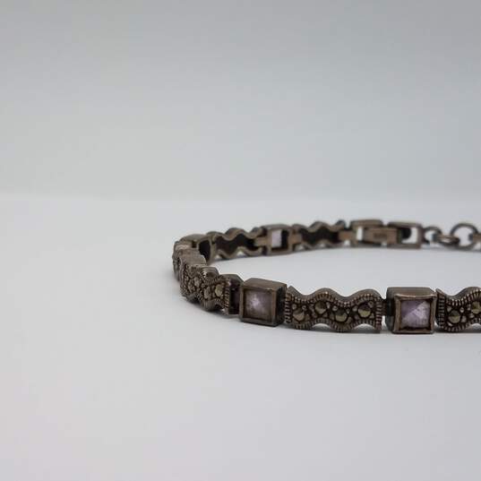 Sterling Silver Amethyst Marcasite Link 8 Inch Bracelet 16.8g image number 3