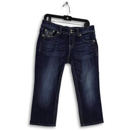 Womens Blue Denim Sequin Medium Wash Pockets Straight Leg Capri Jeans Sz 29
