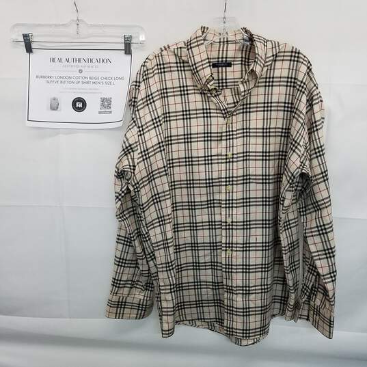 AUTHENTICATED Burberry London Cotton Beige Check Button Up Mens Size L image number 1