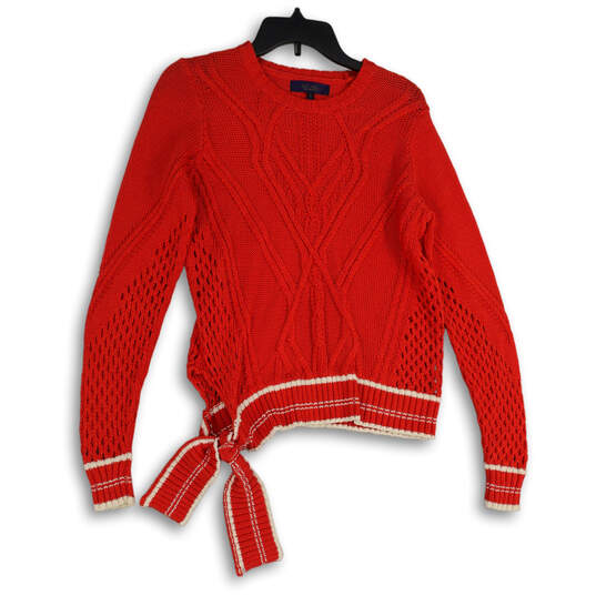 Womens Red Knitted Crew Neck Side Tie Long Sleeve Pullover Sweater Size M image number 1