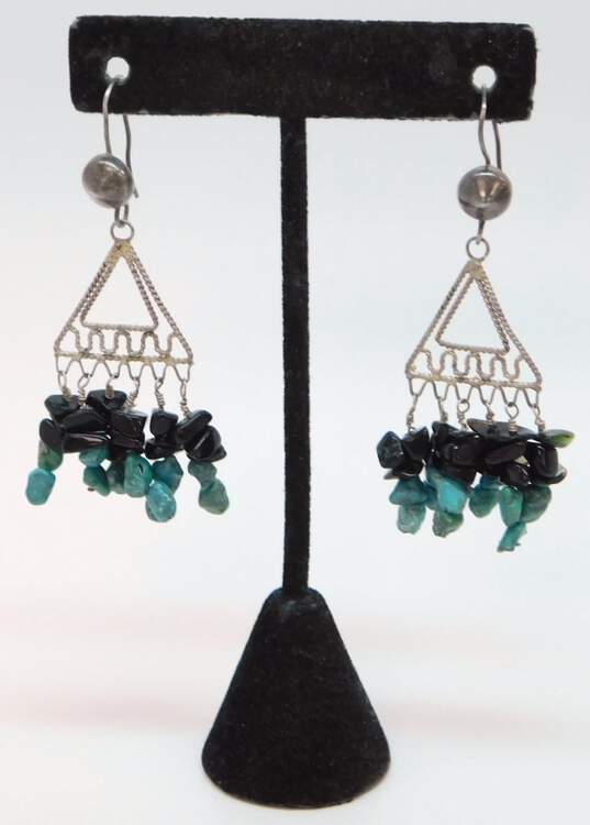 Artisan 925 Onyx & Dyed Howlite Beaded Tassels Triangle & Coral Drop Earrings Variety 26g image number 3