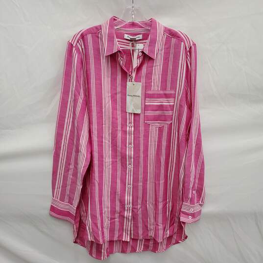 NWT Tommy Bahama MN's Pink & White Stef Stripe Long Sleeve Shirt Size MM image number 1