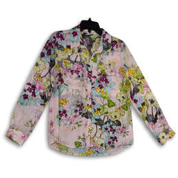 Womens Pink Floral Spread Collar Long Sleeve Button-Up Shirt Size Small