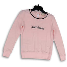 Womens Pink Black Round Neck Sweet Dream Long Sleeve Pullover Sweatshirt XS