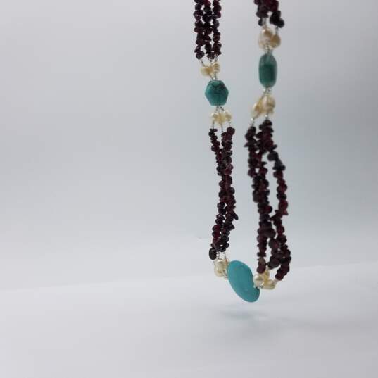 Sterling Silver Garnet Turquoise Fw Pearl Triple Strand Link Necklace 70.3g image number 6